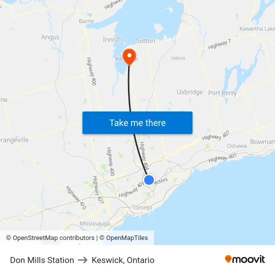 Don Mills Station to Keswick, Ontario map