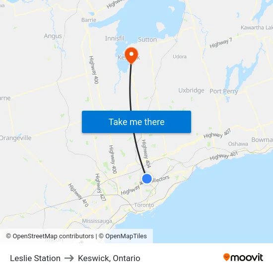 Leslie Station to Keswick, Ontario map