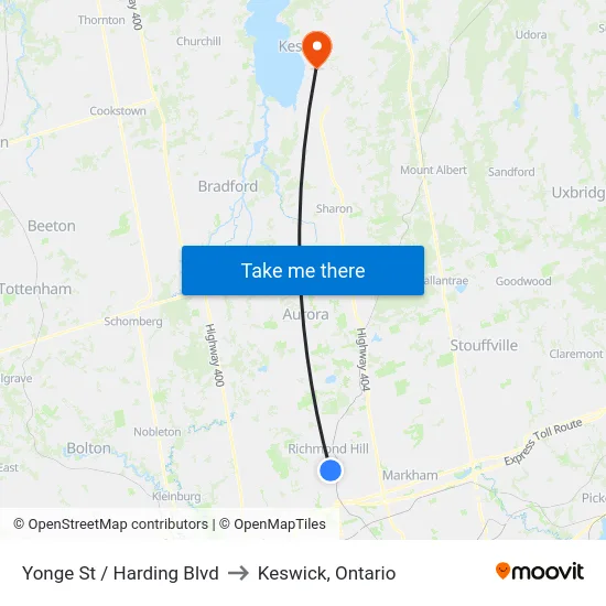 Yonge St / Harding Blvd to Keswick, Ontario map