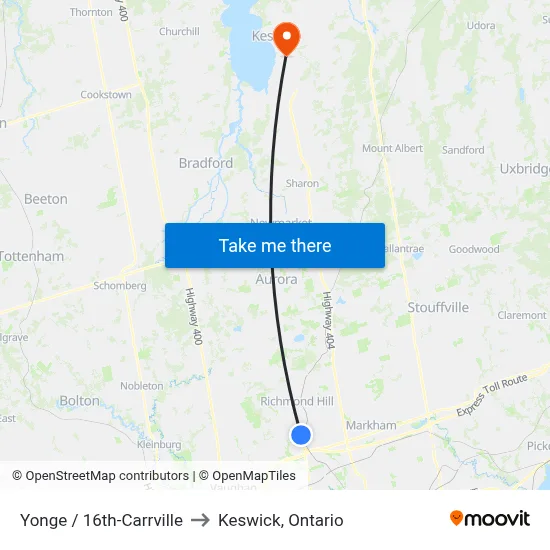 Yonge / 16th-Carrville to Keswick, Ontario map