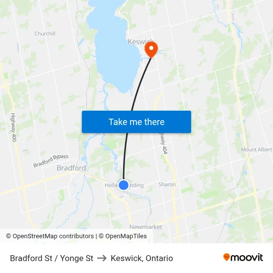 Bradford St / Yonge St to Keswick, Ontario map
