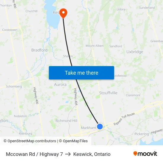 Mccowan Rd / Highway 7 to Keswick, Ontario map