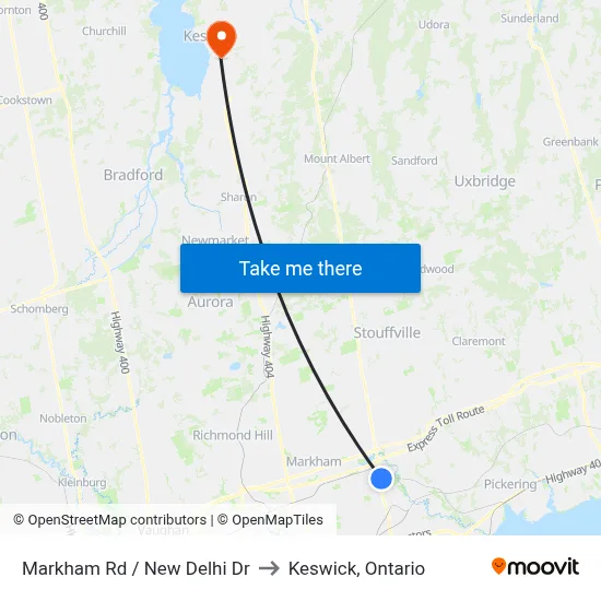 Markham Rd / New Delhi Dr to Keswick, Ontario map