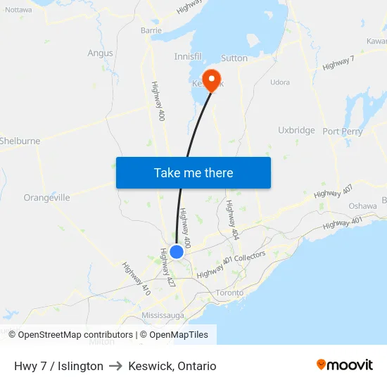 Hwy 7 / Islington to Keswick, Ontario map