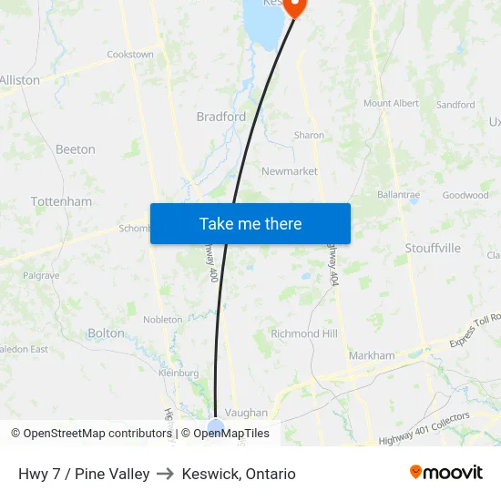 Hwy 7 / Pine Valley to Keswick, Ontario map