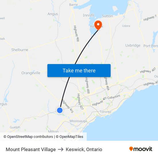 Mount Pleasant Village to Keswick, Ontario map