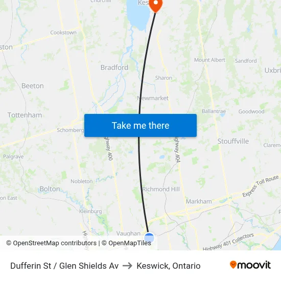 Dufferin St / Glen Shields Av to Keswick, Ontario map