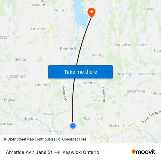 America Av / Jane St to Keswick, Ontario map