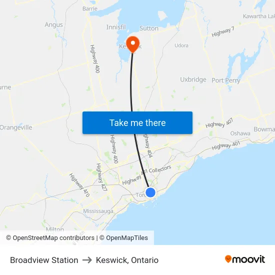 Broadview Station to Keswick, Ontario map