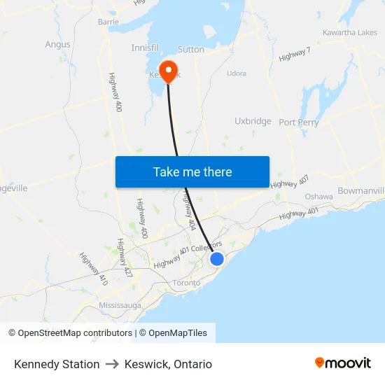 Kennedy Station to Keswick, Ontario map