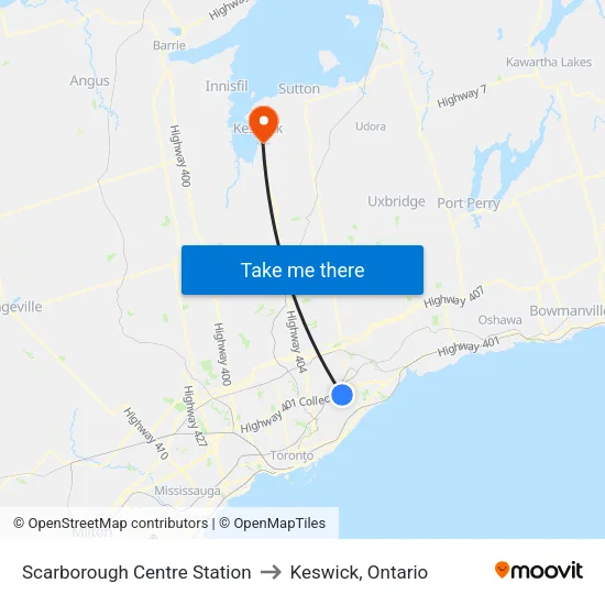 Scarborough Centre Station to Keswick, Ontario map