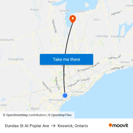 Dundas St At Poplar Ave to Keswick, Ontario map