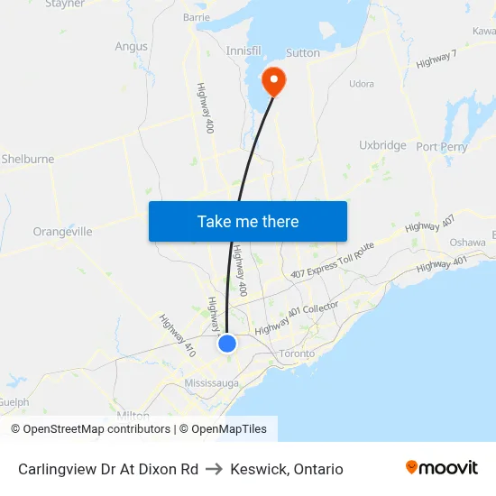 Carlingview Dr At Dixon Rd to Keswick, Ontario map