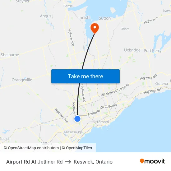 Airport Rd At Jetliner Rd to Keswick, Ontario map
