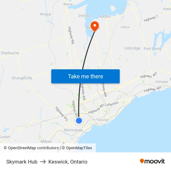 Skymark Hub to Keswick, Ontario map