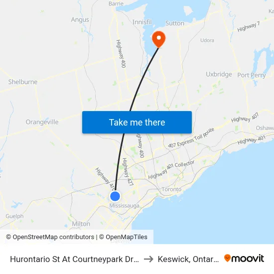 Hurontario St At Courtneypark Dr E to Keswick, Ontario map