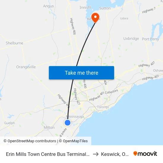 Erin Mills Town Centre Bus Terminal Platform B to Keswick, Ontario map