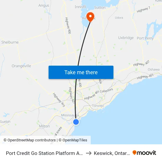 Port Credit Go Station Platform A, B to Keswick, Ontario map