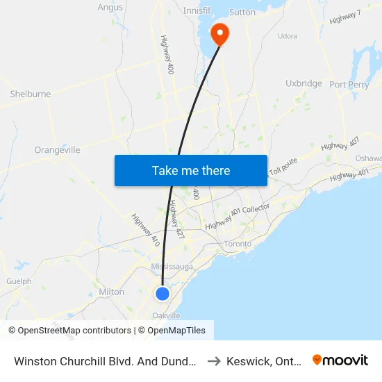 Winston Churchill Blvd. And Dundas St. to Keswick, Ontario map