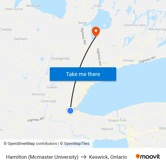 Hamilton (Mcmaster University) to Keswick, Ontario map