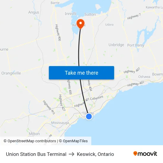 Union Station Bus Terminal to Keswick, Ontario map