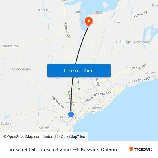 Tomken Rd at Tomken Station to Keswick, Ontario map