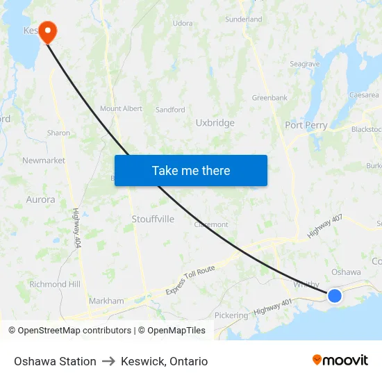 Oshawa Station to Keswick, Ontario map