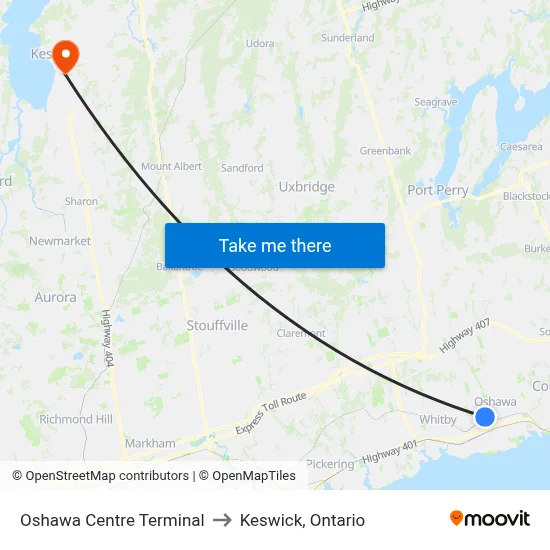 Oshawa Centre Terminal to Keswick, Ontario map