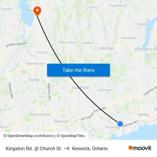 Kingston Rd. @ Church St. to Keswick, Ontario map