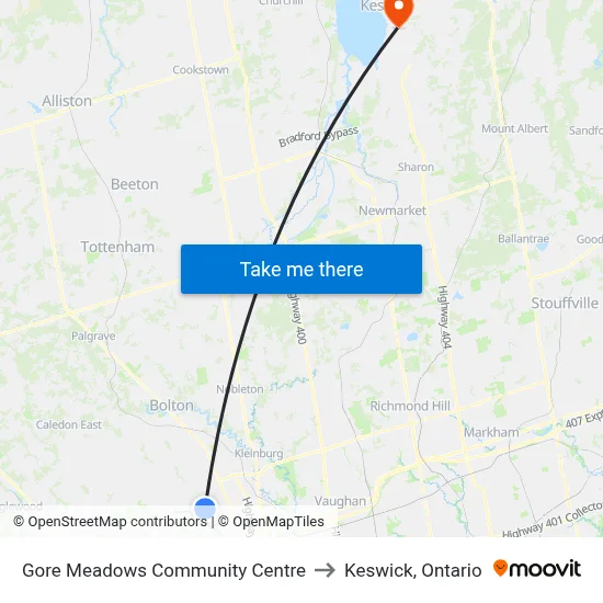 Gore Meadows Community Centre to Keswick, Ontario map
