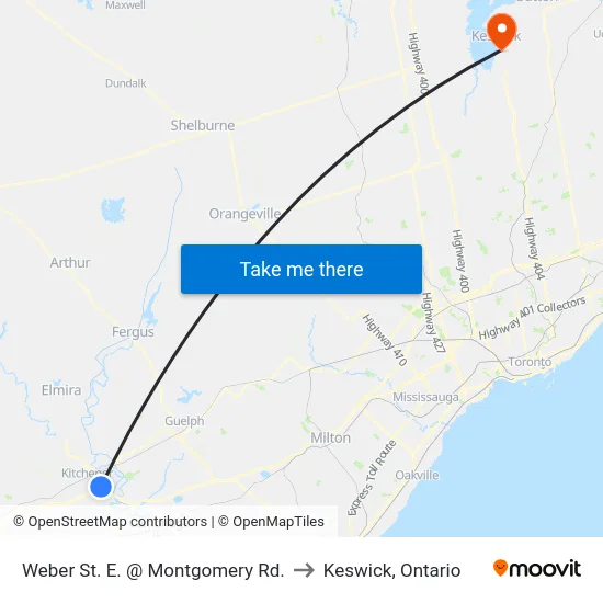 Weber St. E. @ Montgomery Rd. to Keswick, Ontario map
