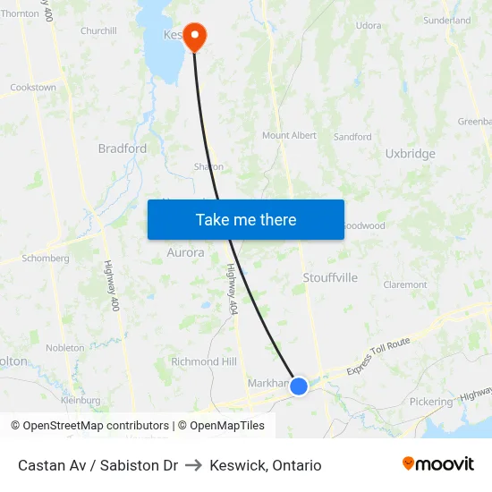 Castan Av / Sabiston Dr to Keswick, Ontario map