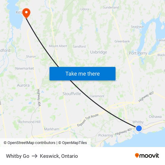 Whitby Go to Keswick, Ontario map