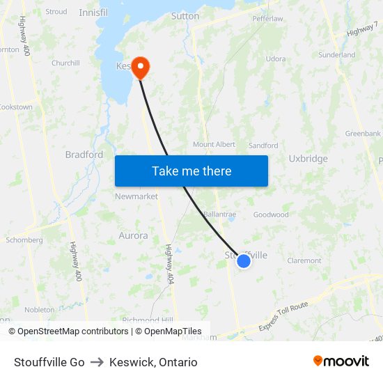 Stouffville Go to Keswick, Ontario map