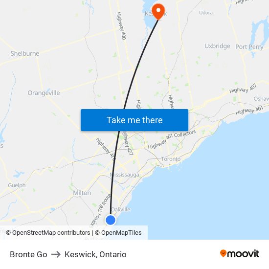 Bronte Go to Keswick, Ontario map