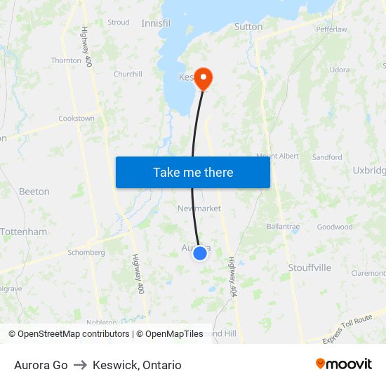 Aurora Go to Keswick, Ontario map