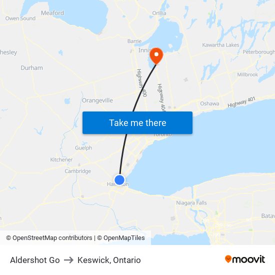 Aldershot Go to Keswick, Ontario map