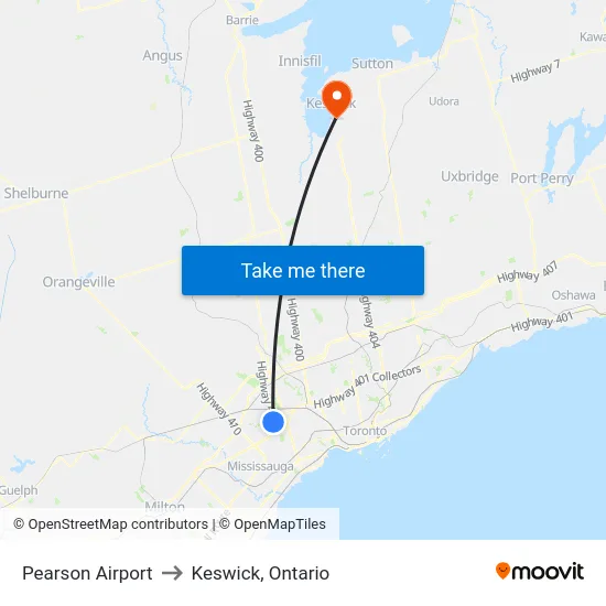 Pearson Airport to Keswick, Ontario map