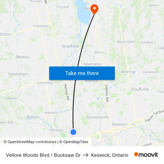 Vellore Woods Blvd / Bucksaw Dr to Keswick, Ontario map