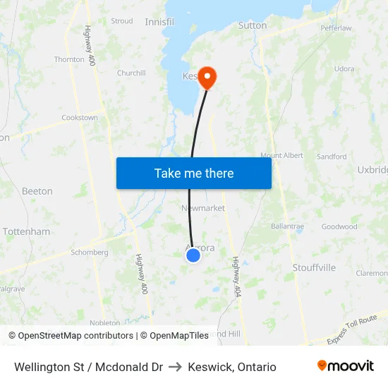 Wellington St / Mcdonald Dr to Keswick, Ontario map