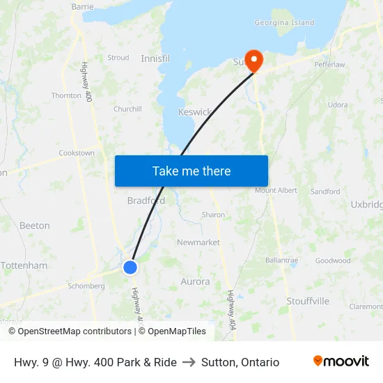 Hwy. 9 @ Hwy. 400 Park & Ride to Sutton, Ontario map