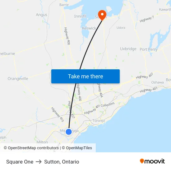 Square One to Sutton, Ontario map
