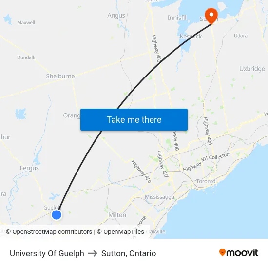 University Of Guelph to Sutton, Ontario map