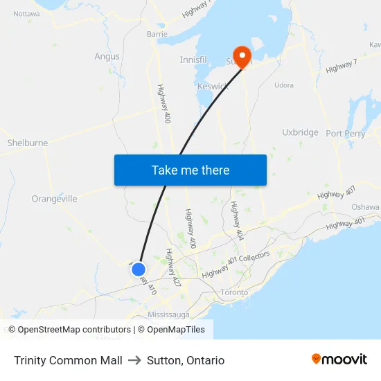 Trinity Common Mall to Sutton, Ontario map