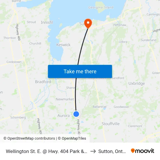 Wellington St. E. @ Hwy. 404 Park & Ride to Sutton, Ontario map