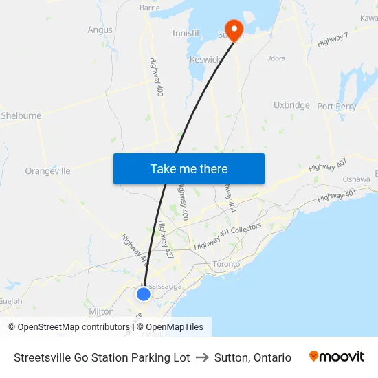 Streetsville Go Station Parking Lot to Sutton, Ontario map