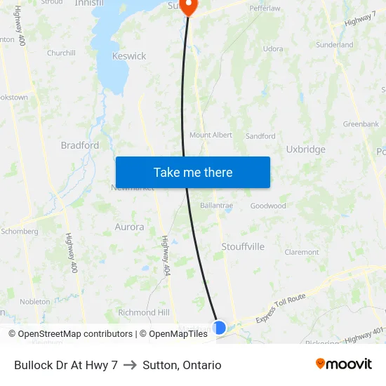 Bullock Dr At Hwy 7 to Sutton, Ontario map