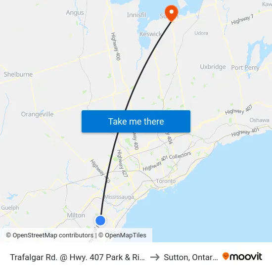 Trafalgar Rd. @ Hwy. 407 Park & Ride to Sutton, Ontario map
