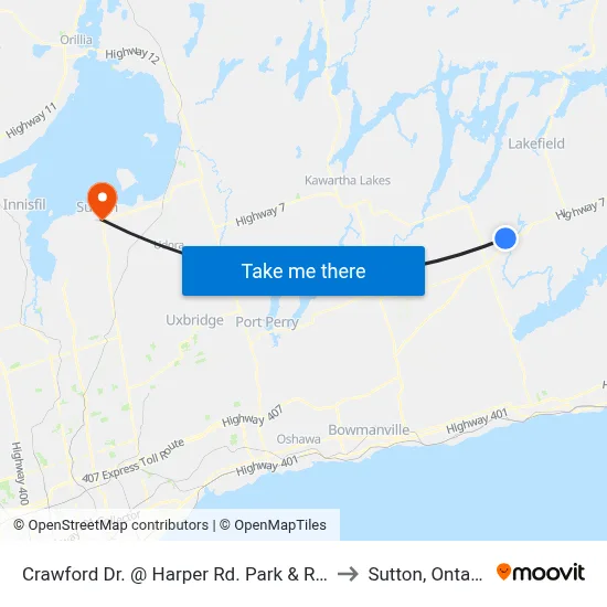 Crawford Dr. @ Harper Rd. Park & Ride to Sutton, Ontario map