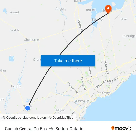 Guelph Central Go Bus to Sutton, Ontario map